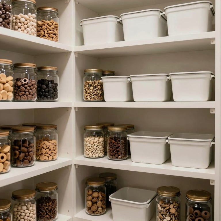 A beautifully organized, immaculate pantry with neat glass jars and minimalist containers on clean shelves, representing high-end residential organization.