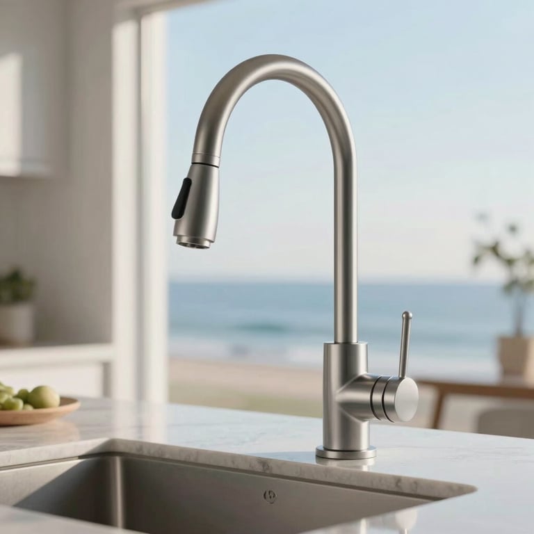 Close-up of a sparkling clean, polished kitchen faucet in a bright, modern North American home, soft coastal blue background, glowing morning light.