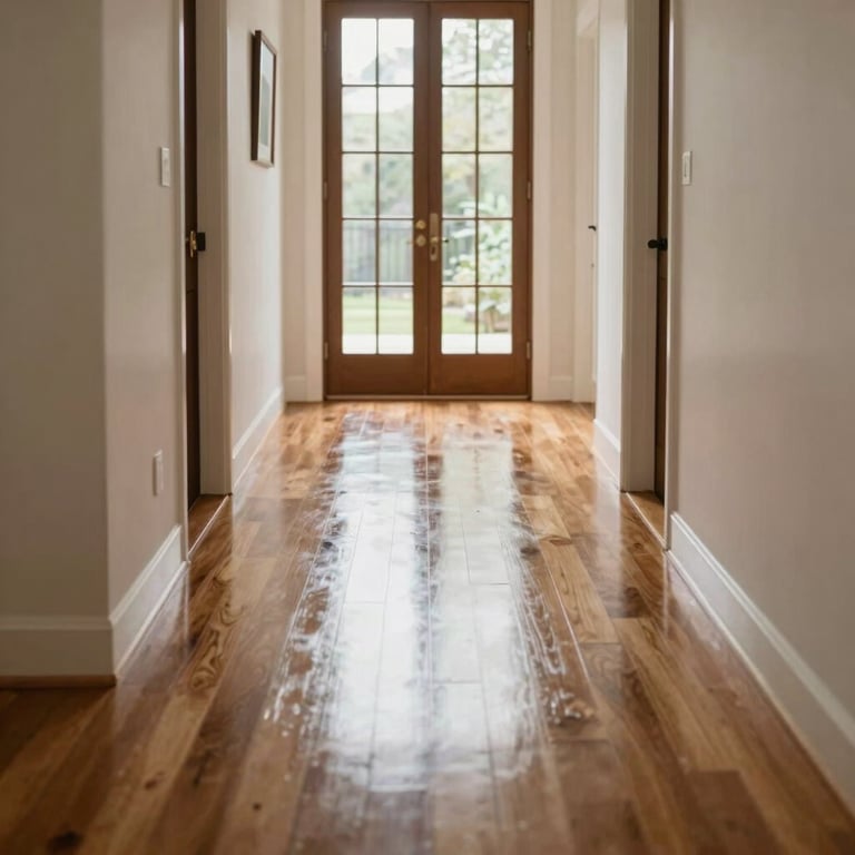 An ultra-clean, elegant home entryway with polished hardwood floors reflecting the bright daylight, showcasing ultimate cleanliness and sophisticated order.