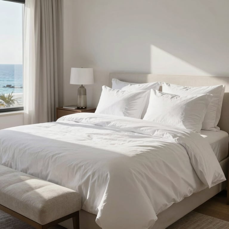 A sun-drenched, immaculate luxury bedroom with perfectly crisp white linens, neatly arranged pillows, and beautiful coastal decor, premium home atmosphere.