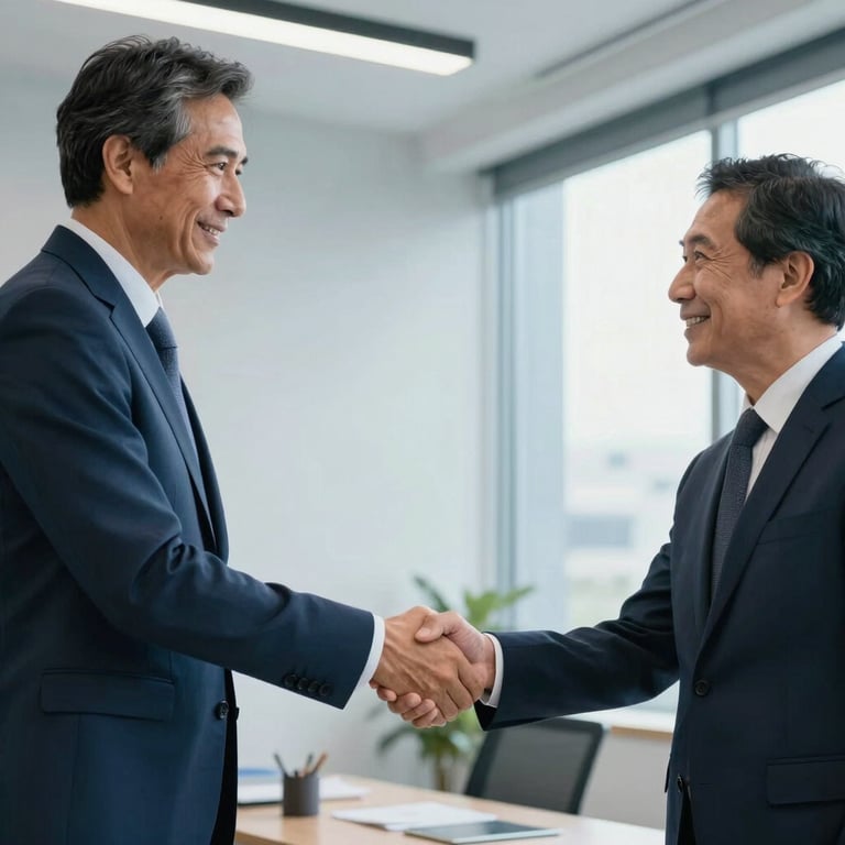 A South American professional shaking hands with a mentor in a modern office, lighting is optimistic, dark blue and light blue color palette.