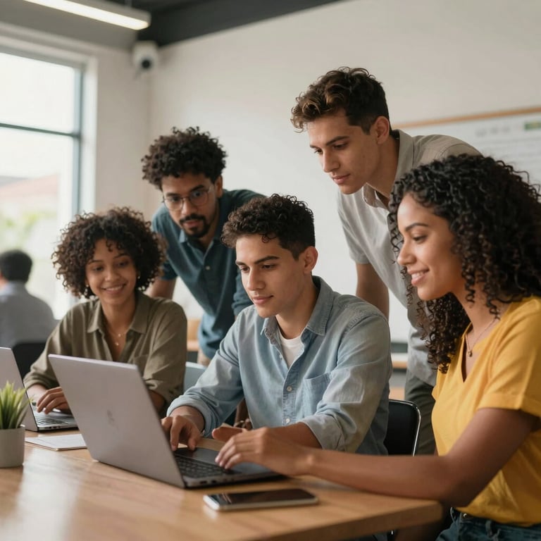 A group of diverse Brazilian workers collaborating around a laptop in a clean, sunlit coworking space.