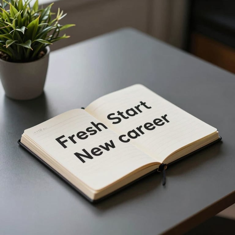 A minimalist image of a sleek desk with a notebook and a plant, representing a fresh start in a new career.