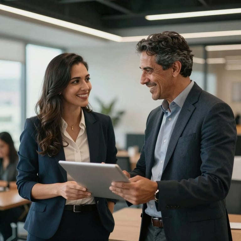 Two professionals sharing a positive moment of achievement in a modern South American office lounge.