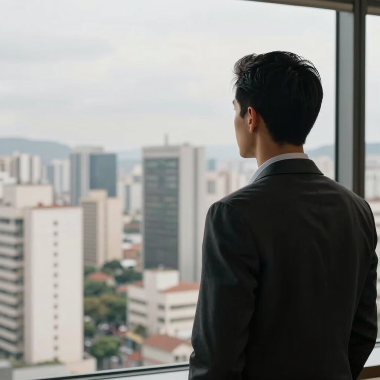 A person looking at a city skyline in São Paulo from a high-rise office window, feeling empowered and ready for a new job.