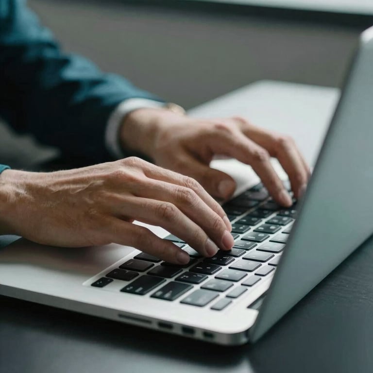 A close-up of hands typing on a modern laptop in a professional setting with teal accents.