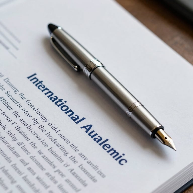 A close-up of a silver fountain pen resting on a pristine white manuscript with deep navy blue annotations, International Academic setting.