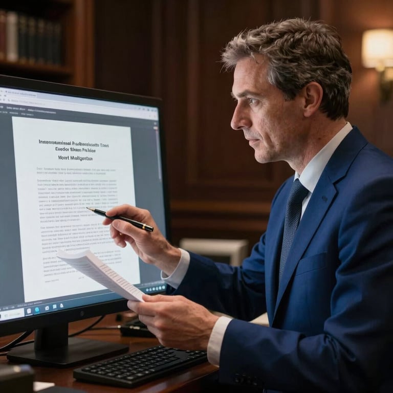 A professional International Academic editor reviewing a document on a screen in a dimly lit, sophisticated study with royal academic blue accents.