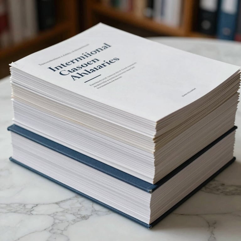 A stack of high-quality academic publications with elegant typography, arranged on a white marble surface in an International Academic setting.