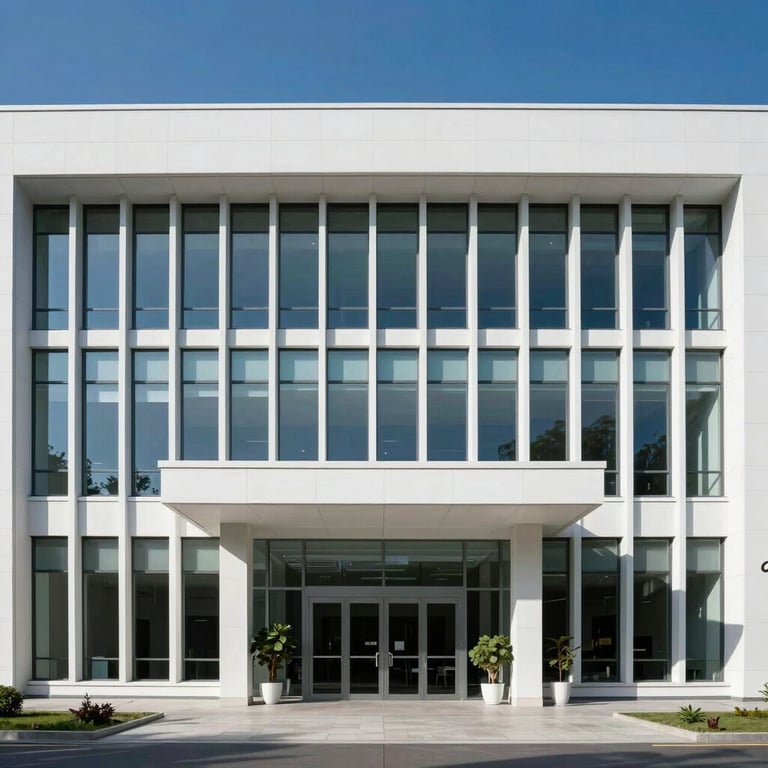 The minimalist entrance of a modern International Academic research institute, glass and pristine white architecture under a royal academic blue sky.