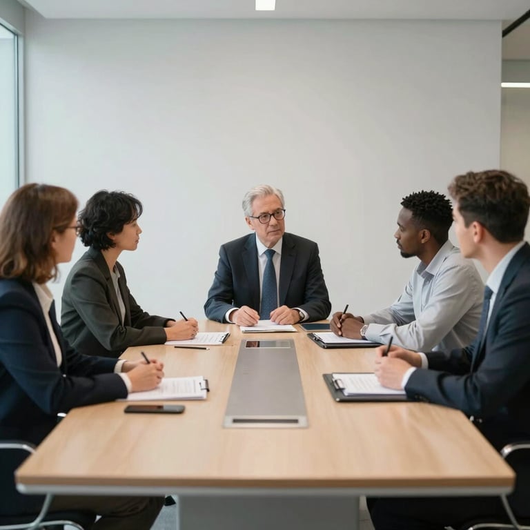 A group of diverse professionals in a high-end International Academic boardroom discussing a research strategy, clean minimalist aesthetic.