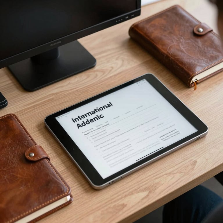 An overhead view of a scholar's organized workspace featuring a digital tablet and leather-bound journals in an International Academic office.