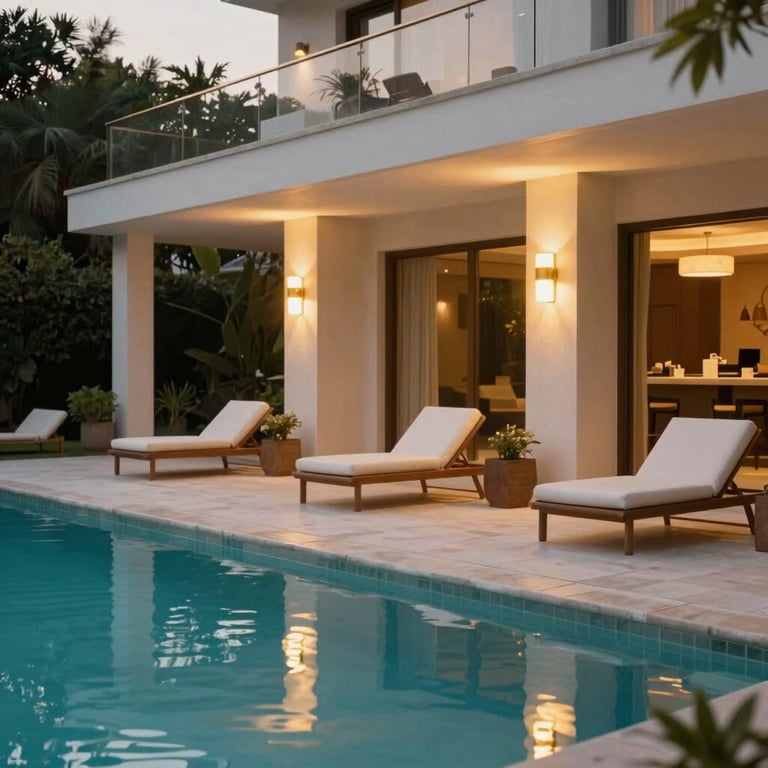 A detailed shot of a luxury villa swimming pool area with gold-colored lighting fixtures and premium loungers.