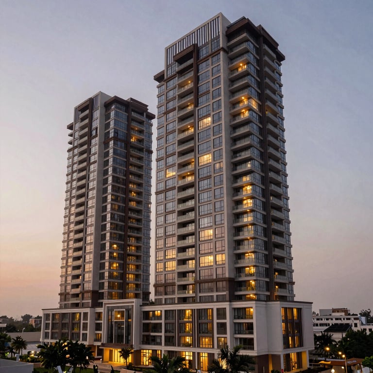 A wide shot of a luxury high-rise apartment complex in Chennai at sunset, featuring modern Indian architecture and illuminated balconies.