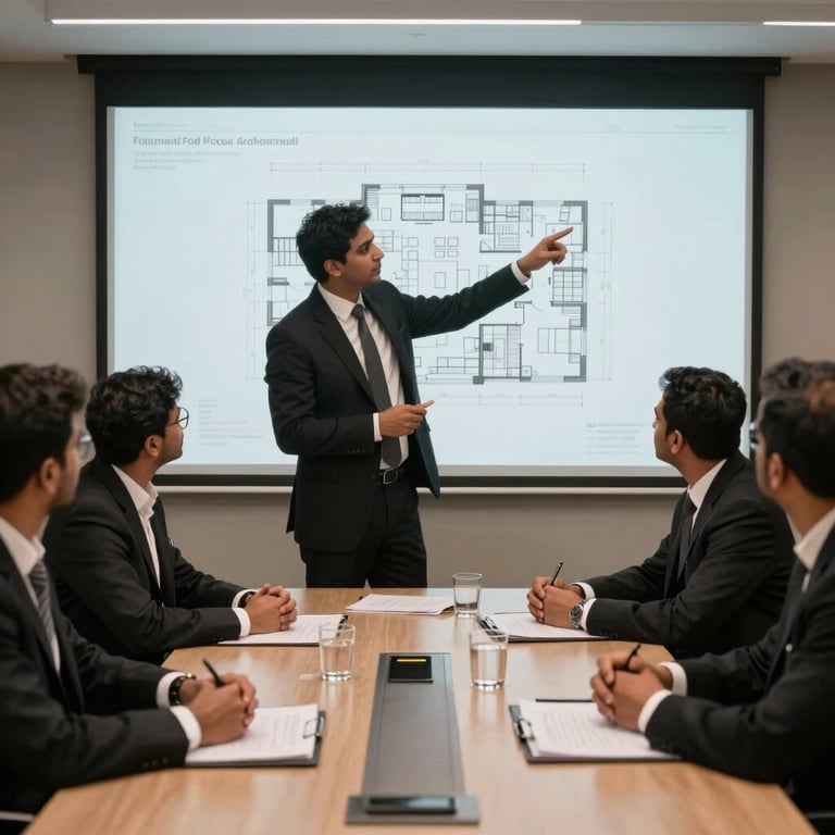 An elegant professional meeting room where South Asian / Indian consultants in black suits are reviewing architectural blueprints on a large screen.