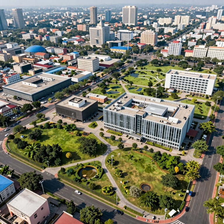 A bird's eye view of a well-planned commercial business park in a major Indian city, showcasing modern infrastructure and greenery.