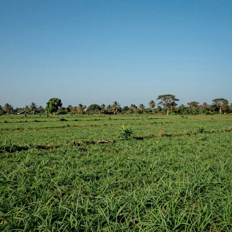 A lush green agricultural property in rural Tamil Nadu, showing fertile land and clear blue skies, perfectly suited for investment.