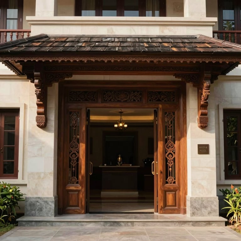 The entrance of a premium boutique resort in South India, with traditional wood carvings and modern stone finishes.