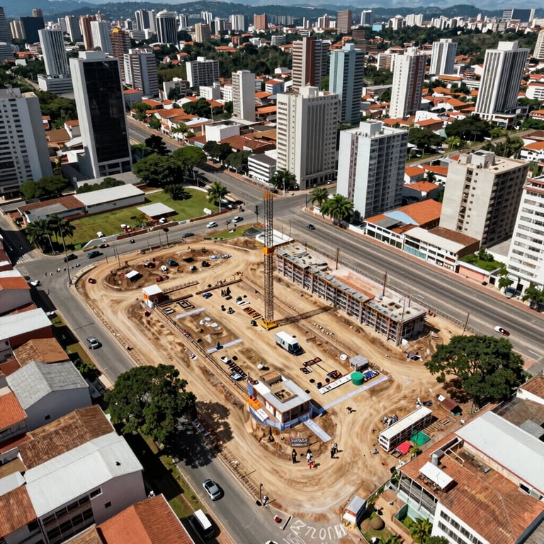 An aerial view captured by a drone showing a construction site survey in a Brazilian metropolitan area, focusing on the precision of the layout.