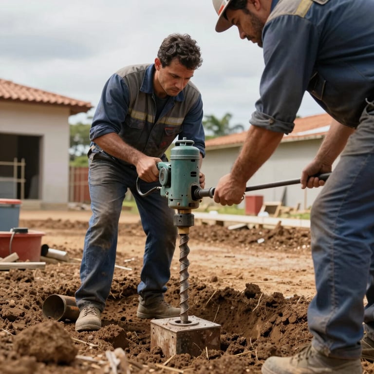 Technicians operating a manual trado drill for shallow soil investigation on a residential construction site in Brazil.
