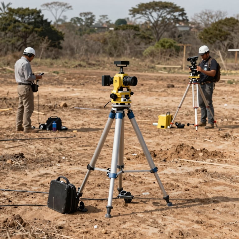 A wide shot of a geophysical survey being conducted on a large land plot in the Distrito Federal, with professional survey equipment.