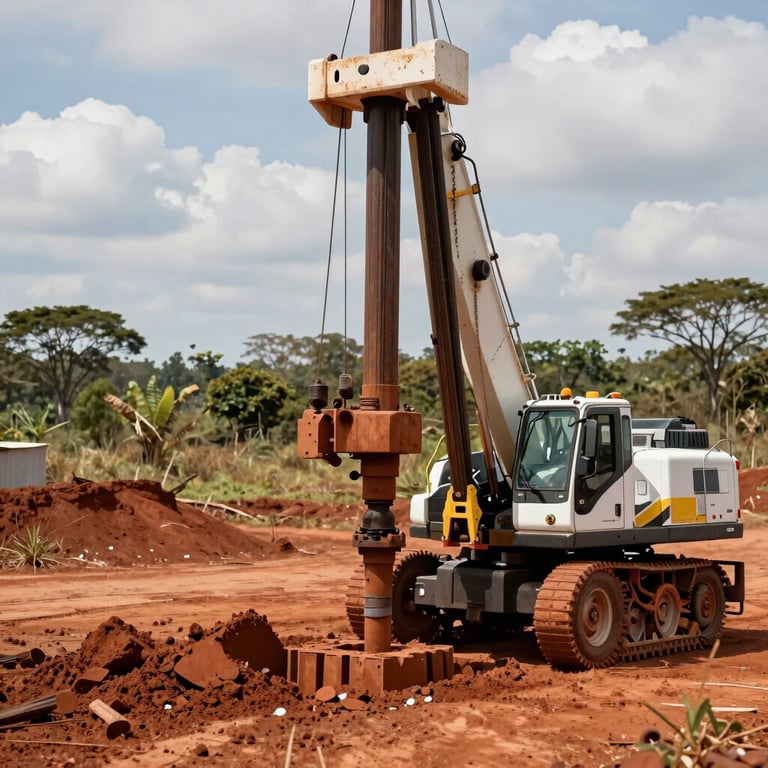Detailed photography of a rotary drilling rig extracting core samples from a red soil site in the South American region.