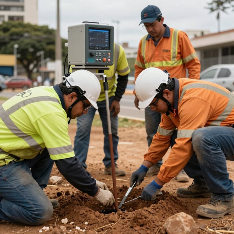 A team of South American technicians performing an SPT soil test in an urban area of Brasilia, with modern equipment and safety gear.
