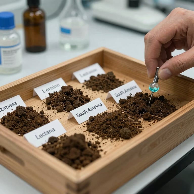Close-up of soil samples meticulously labeled and organized in a wooden box by a geotechnical professional in a South American lab setting.