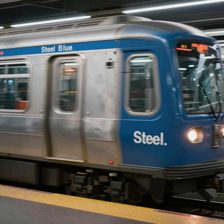 A high-speed motion-blur photograph of a North American / US urban transit system, representing the rapid flow of digital information in Steel Blue.