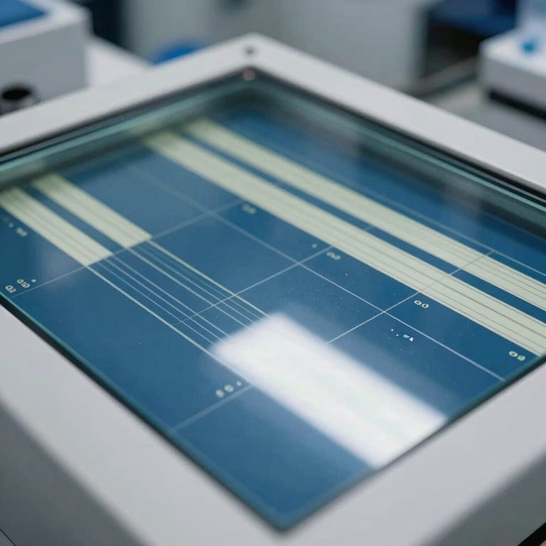 Close-up of a high-tech glass interface showing data patterns in Steel Blue and Off-White, reflecting off the surface in a modern North American / US lab.