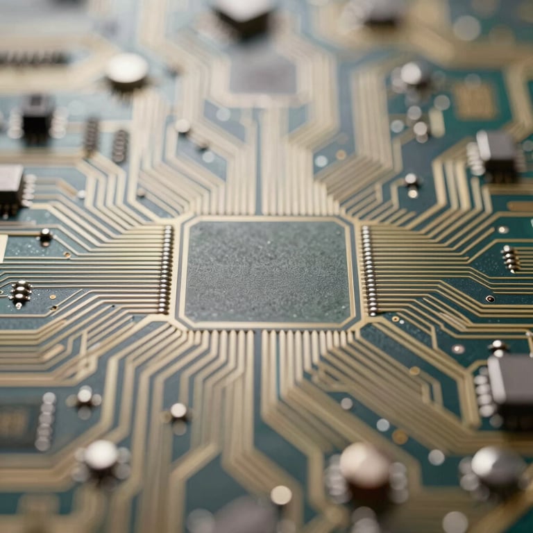 A macro shot of integrated circuit patterns under soft Off-White lighting, conveying a sense of intelligent, complex design.