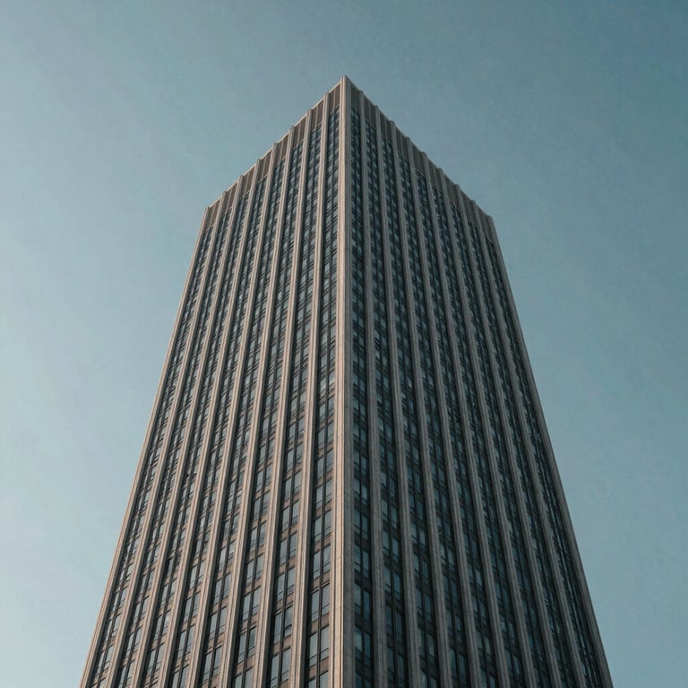 A low-angle view of a minimalist architectural skyscraper in a North American / US city, emphasizing clean lines and a Muted Blue sky.