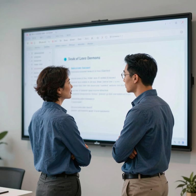 Two professionals in a North American / US innovation hub looking at a large wall-mounted screen, dressed in business-casual Muted Blue attire.