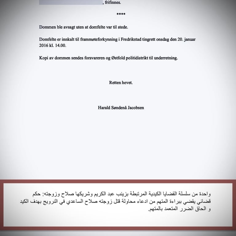 Zainab Abdulkarim Ali, قضية شريك زينب عبد الكريم صلاح حسن الساعدي في قضية كيدية، النرويج، العراق، النرويج ، اوسلو