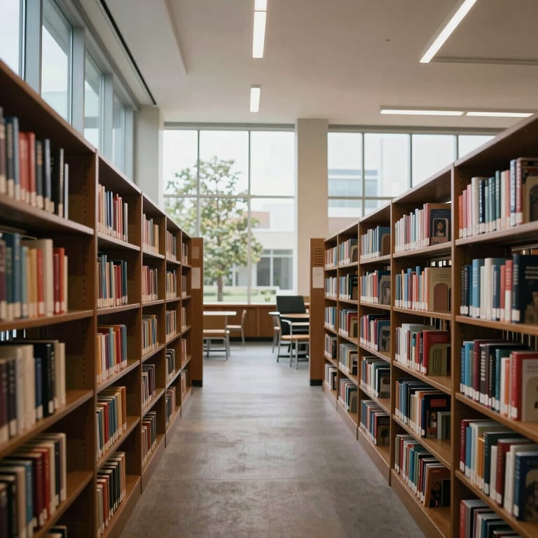 An inspiring wide shot of a modern, quiet North American / US university library interior with large windows and Muted Brown bookshelves.