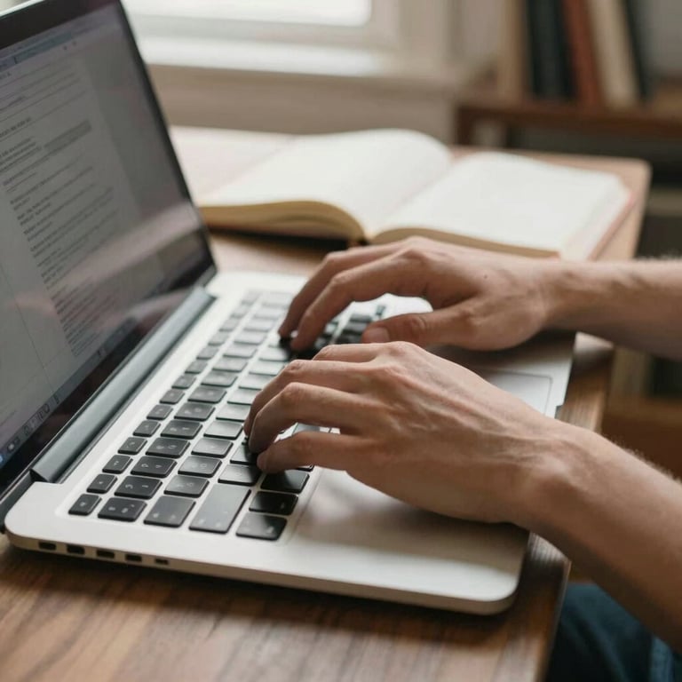 A detailed shot of a person’s hands typing on a laptop with an open notebook nearby in a sunlit North American / US study room.