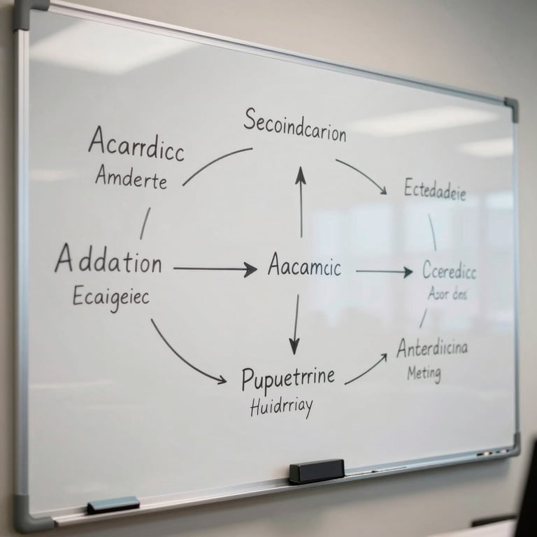A professional whiteboard in a North American / US office showing a story arc diagram with academic keywords, shot in soft focus.