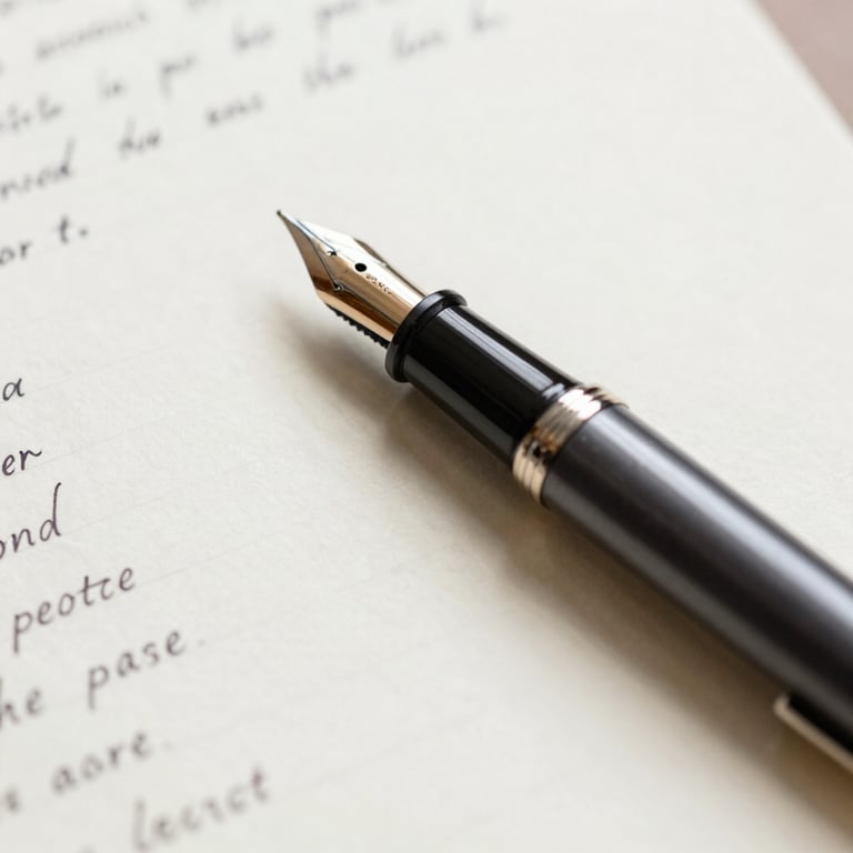 A close-up of a fountain pen resting on a crisp, Soft Off-white manuscript page with hand-written editorial notes in the margins.