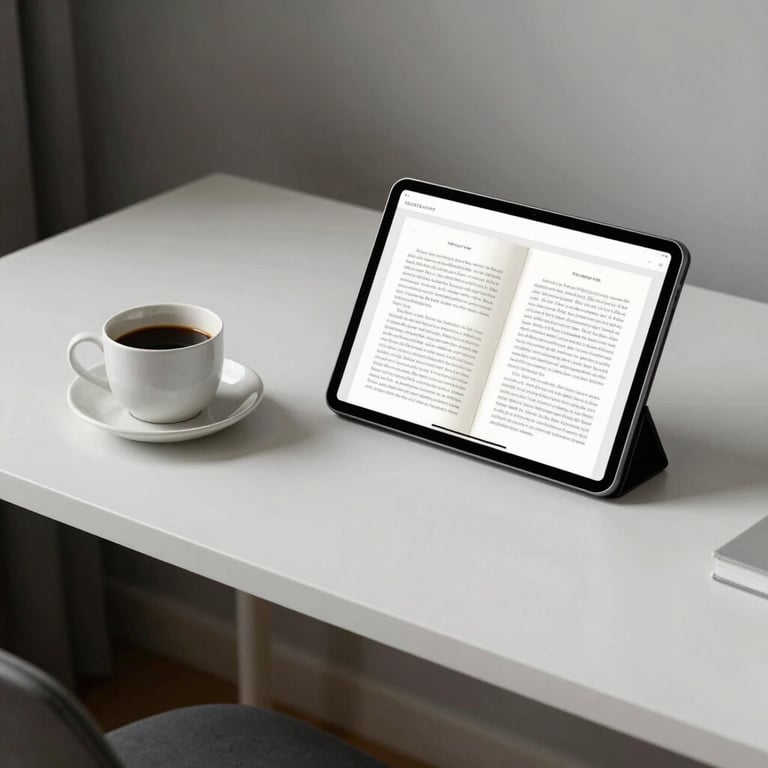 A minimalist, high-end desk setup with a cup of coffee and a tablet showing a book layout, in a North American / US home office.