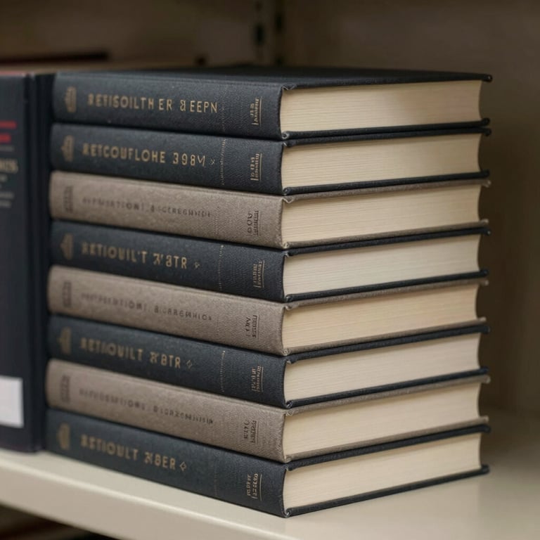 A stack of sophisticated non-fiction books with elegant covers in Dark Charcoal and Taupe, arranged on a shelf in a North American / US library.