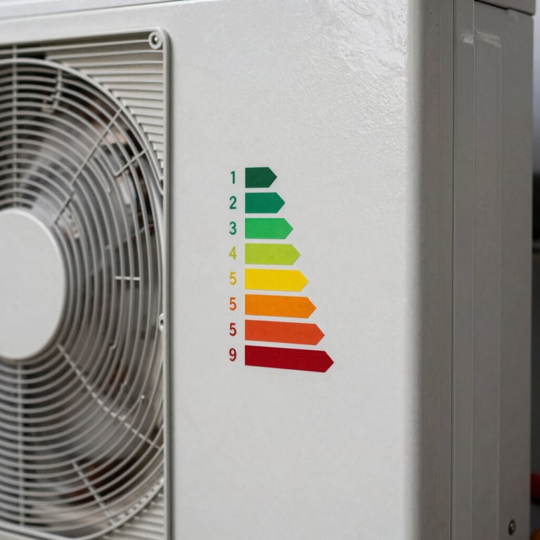 High-resolution macro shot of a heat pump's control panel showing energy efficiency icons.