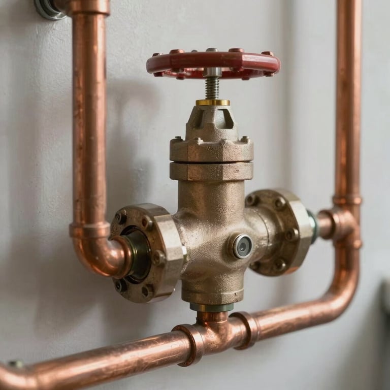 Detail of copper piping and valves professionally installed in a clean renovation project.