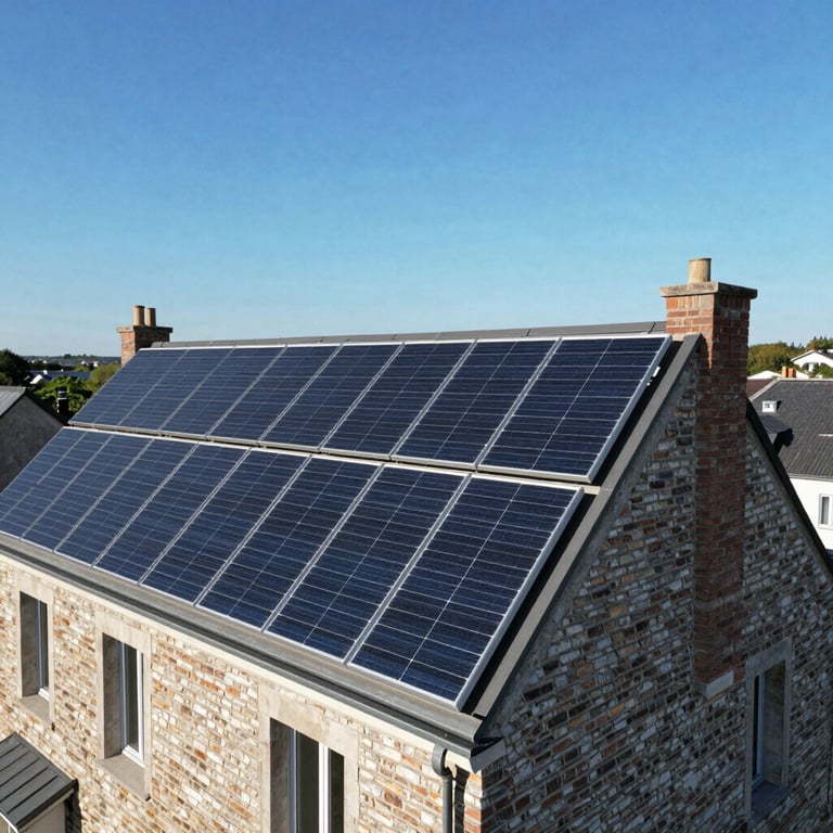 A beautiful drone shot of a French house roof with integrated solar panels under a clear blue sky.