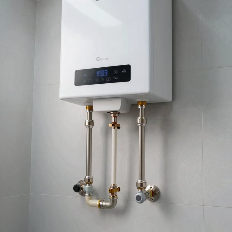 Interior shot of a technical room featuring a modern thermodynamic water heater, clean and organized.