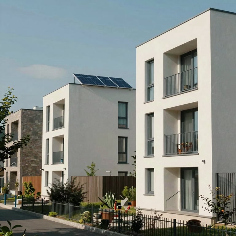 Modern residential neighborhood in France with sustainable energy solutions visible, daylight.
