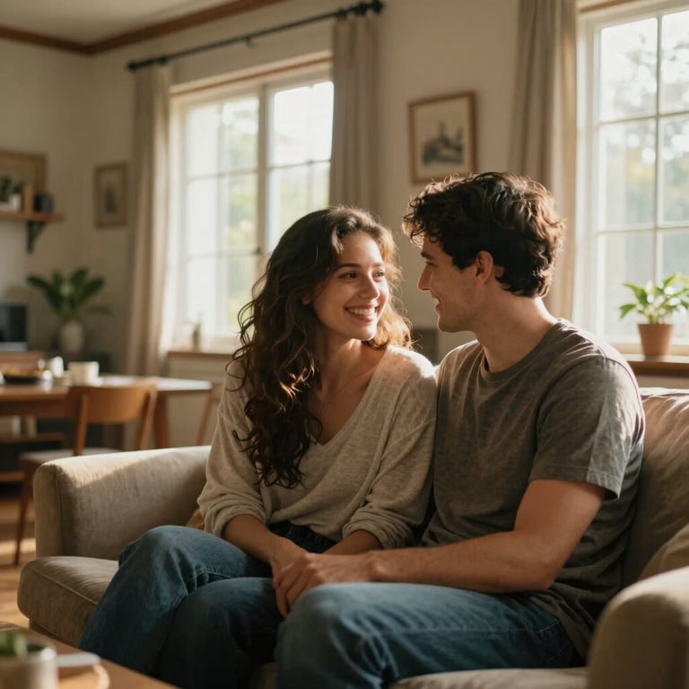 A happy couple in a warm, comfortable living room, natural light streaming through large windows.
