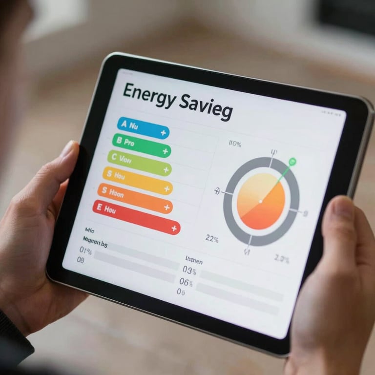 Close-up of a tablet displaying energy savings and heating performance charts, held by an expert.