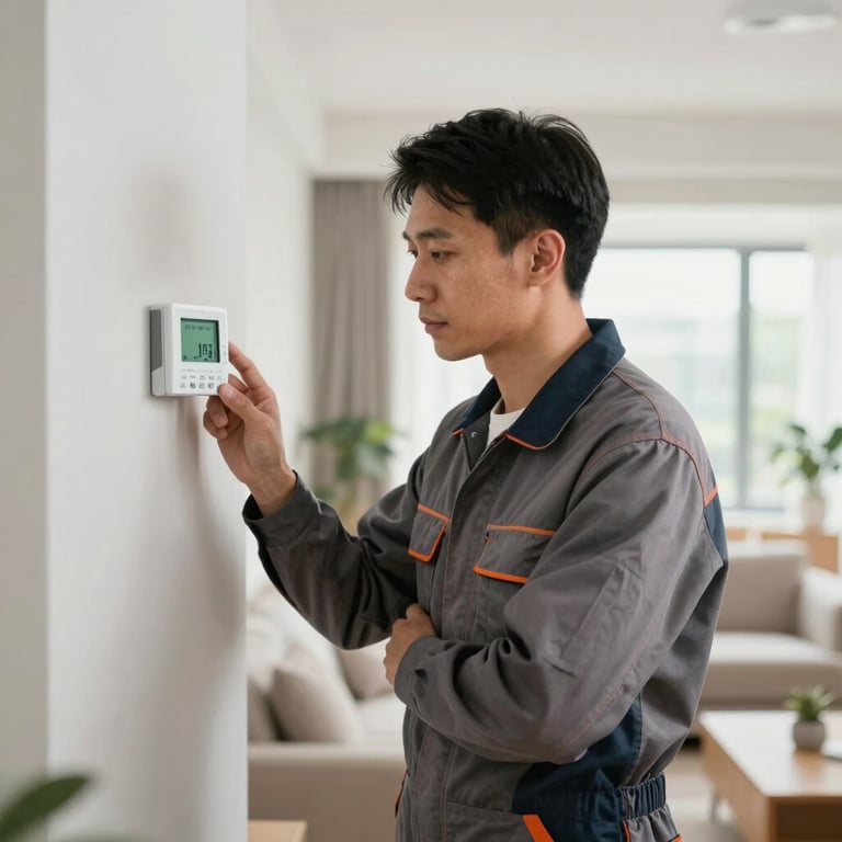 Professional installer in workwear checking a digital thermostat in a bright, modern living room.