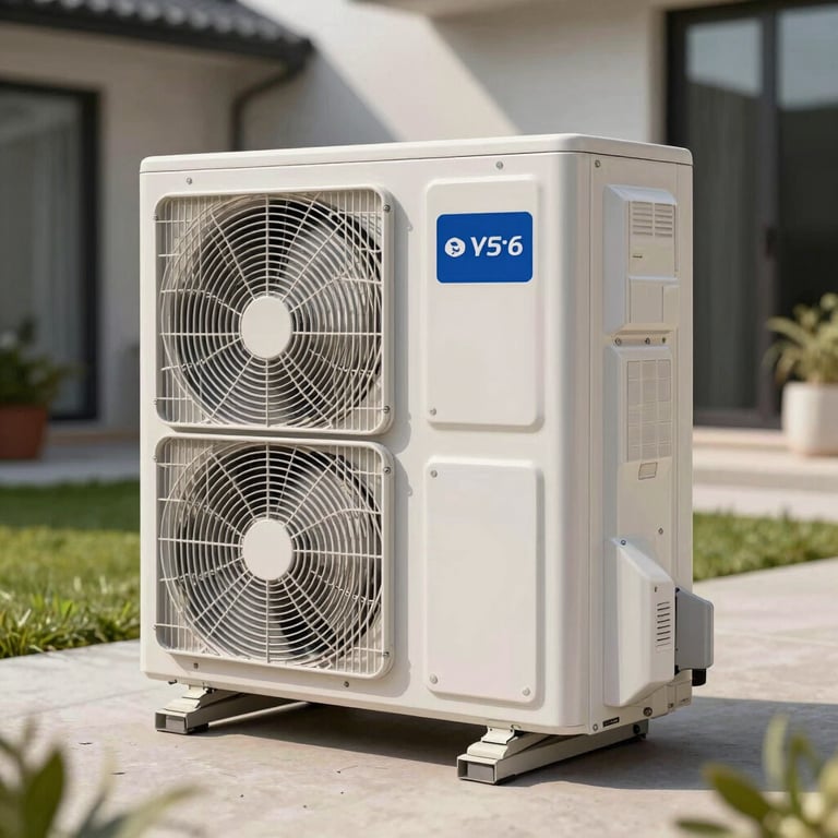 Close-up of a sleek white heat pump unit in a modern garden setting, Central European architecture.