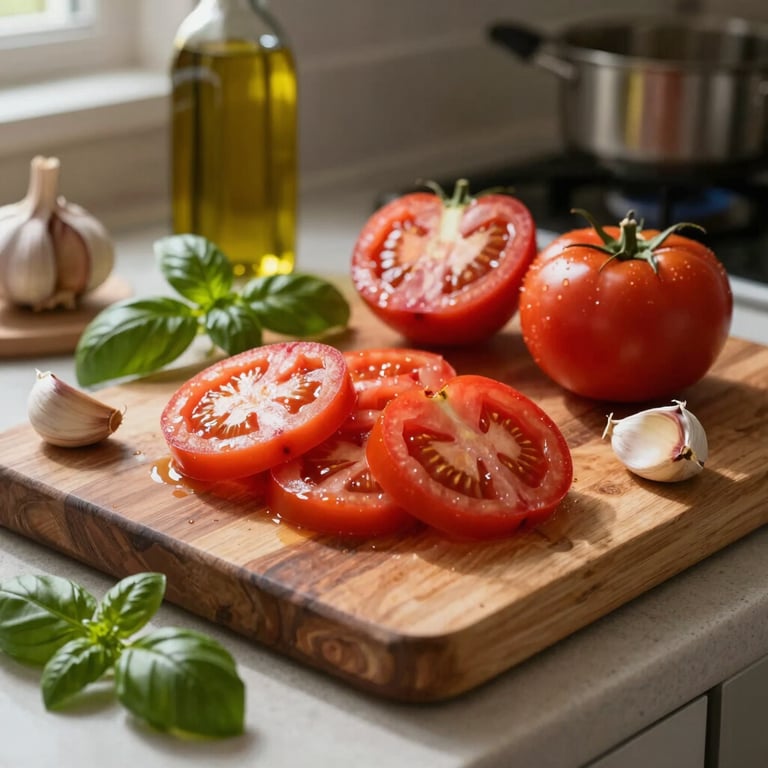 A rustic kitchen counter with chopped heirloom tomatoes, garlic cloves, fresh basil, and a bottle of olive oil, warm afternoon light.